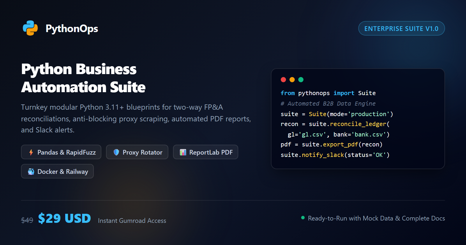 Python Business Automation Suite Cover - FP&A Reconciliation, Proxy Scraping & Executive PDF Reports